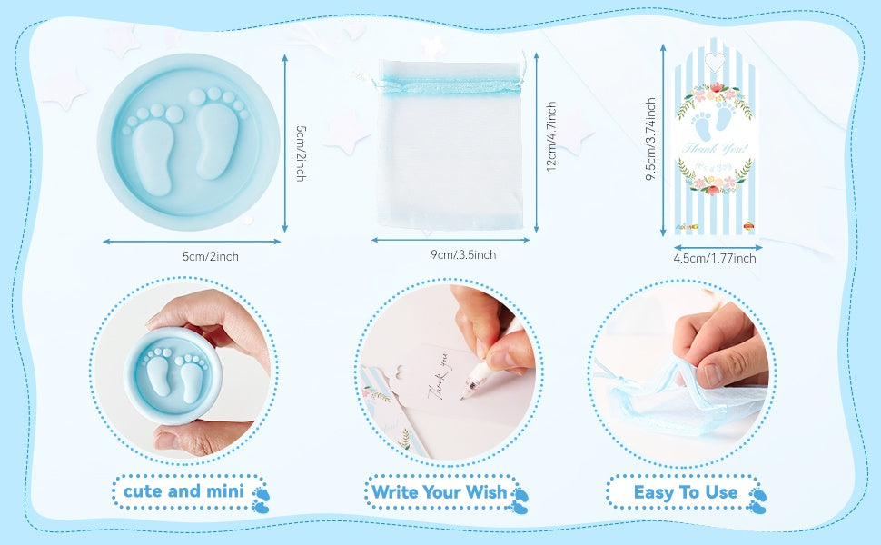 Blue footprint soap favor kit, 50 sets — size, packaging and celebration details 1