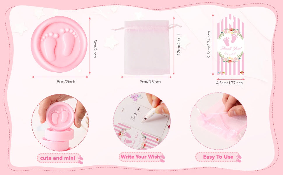 Pink footprint soap favor kit, 50 sets — size, packaging and celebration details 1