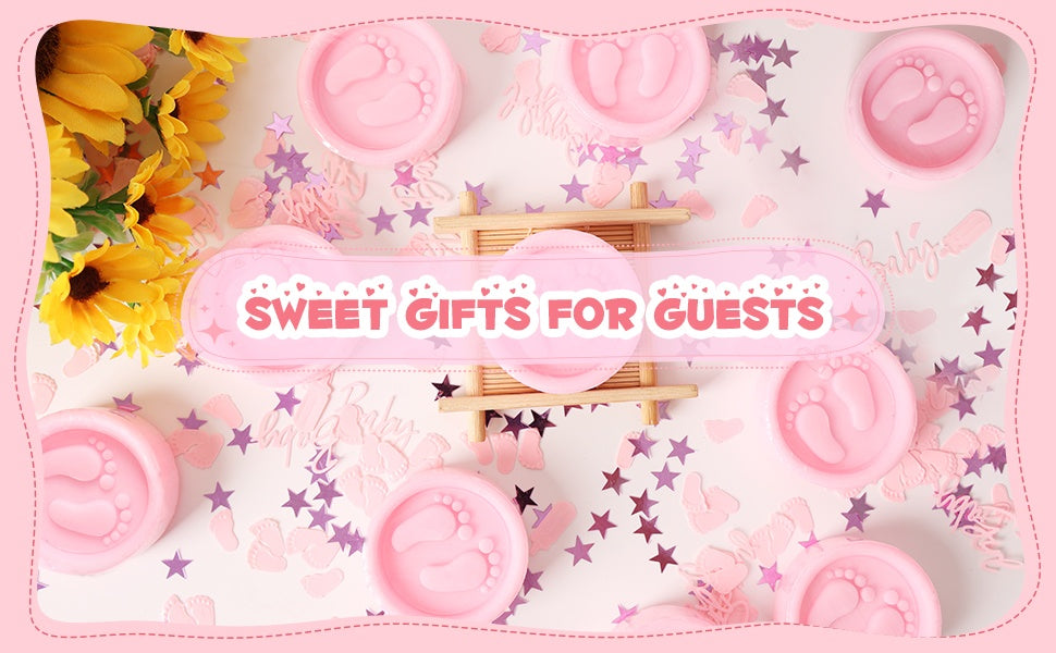 Pink footprint soap favor kit, 50 sets — size, packaging and celebration details 2