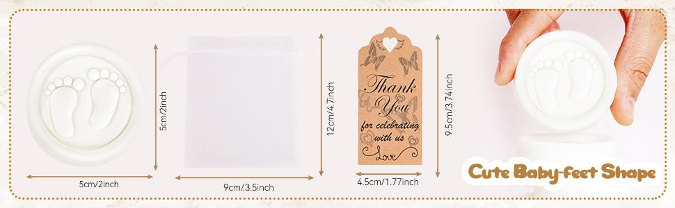 White footprint soap favor kit, 50 sets — size, packaging and celebration details 1