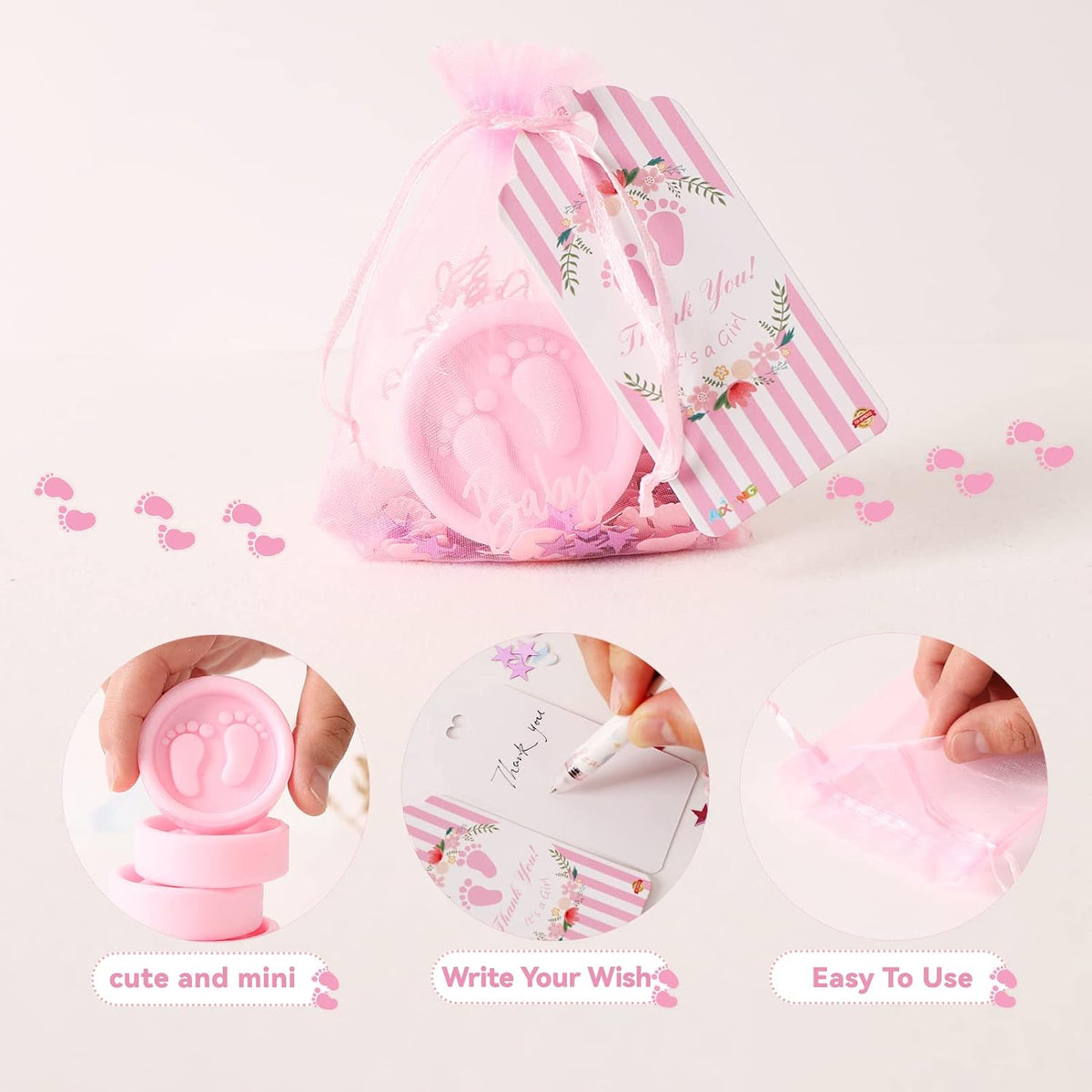 AIXIANG Pink Baby Footprint Soap Favor Kit – 50 Sets – packaging and celebration ideas 3
