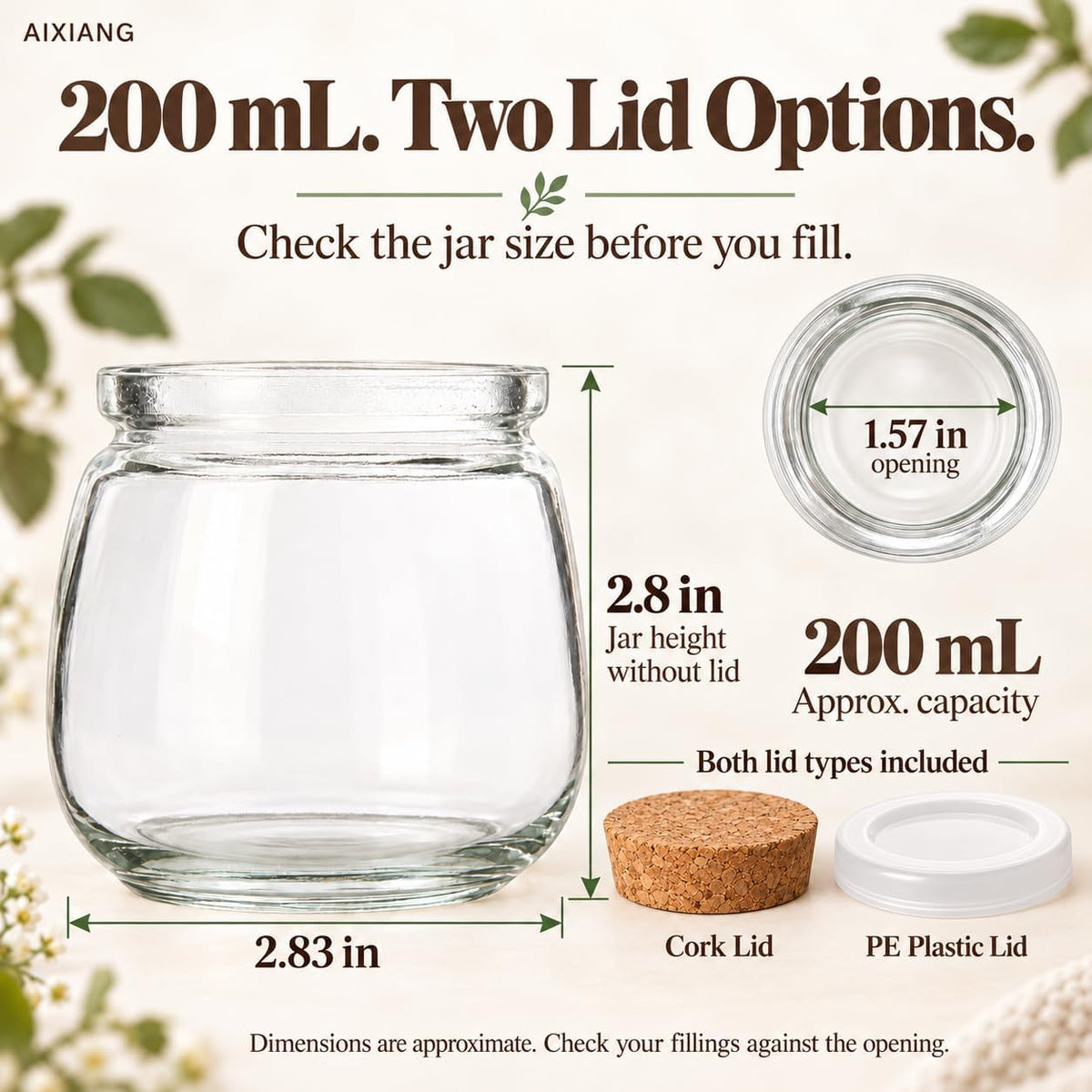 Classic 200 mL glass jar approximate dimensions and opening