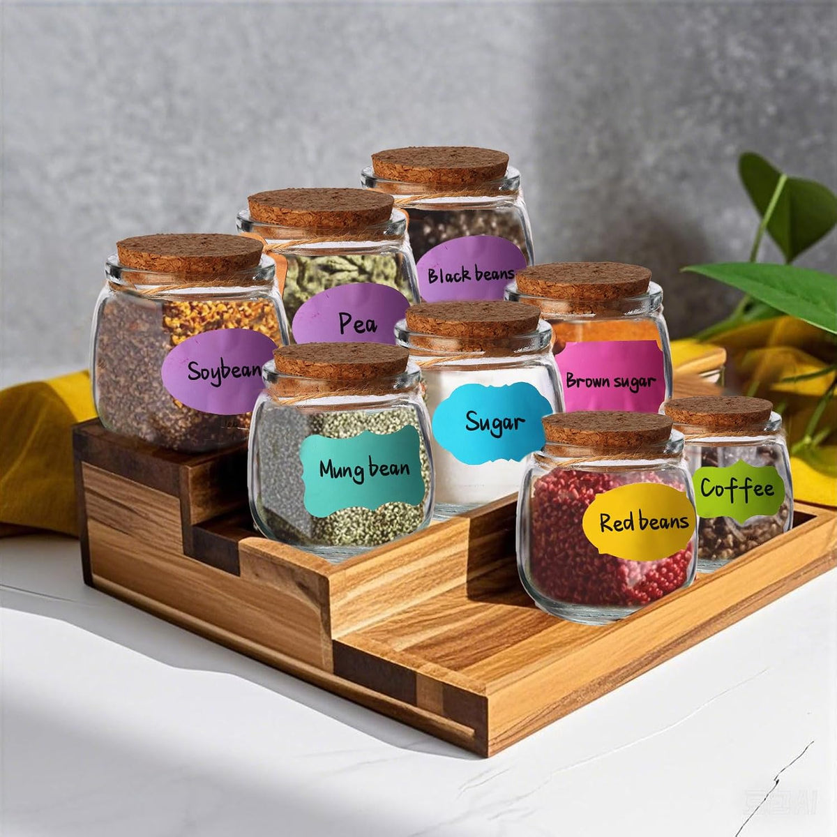 Classic glass jars arranged with assorted dry ingredients