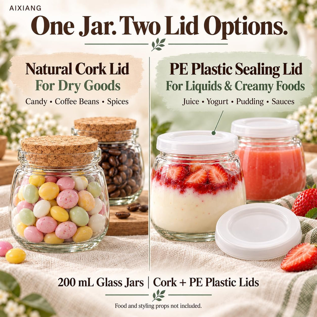 Classic 200 mL glass jar with cork and plastic lid options; fillings are styling examples