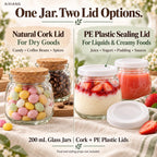 Classic 200 mL glass jar with cork and plastic lid options; fillings are styling examples