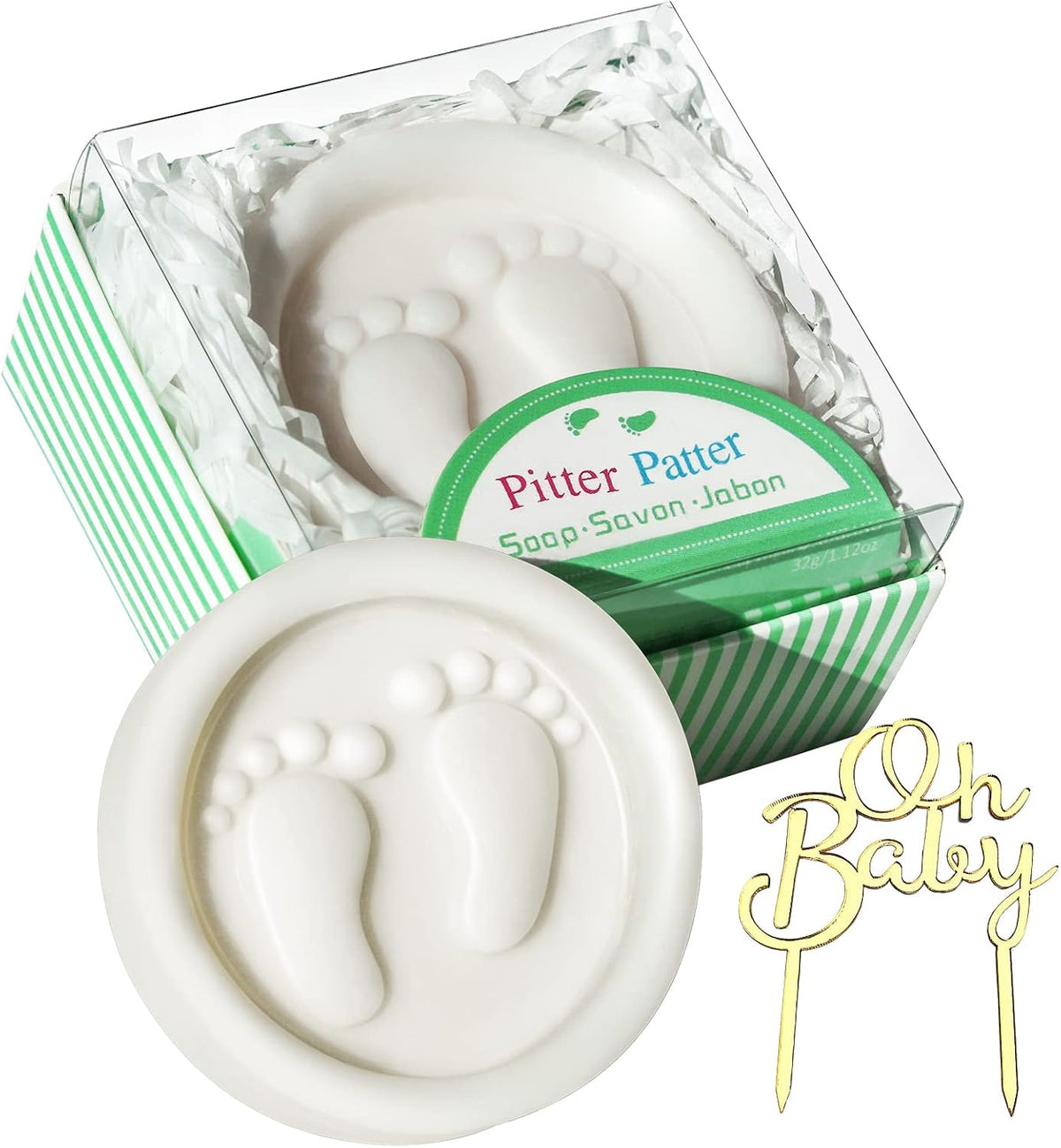 AIXIANG Baby Footprint Soap Favors – 24 Pack – white soap and green gift box