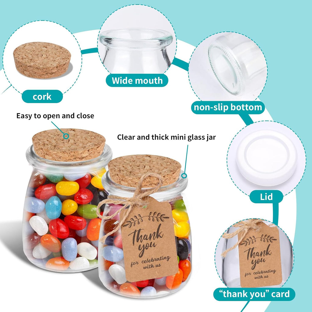 Pudding-style glass jar with cork and plastic lid options; candies are not included