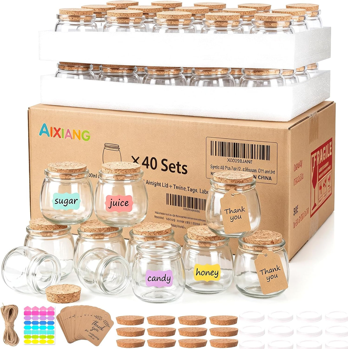 7 oz Classic Jar, 40 Pack: empty favor jars with included decorating accessories; fillings not included