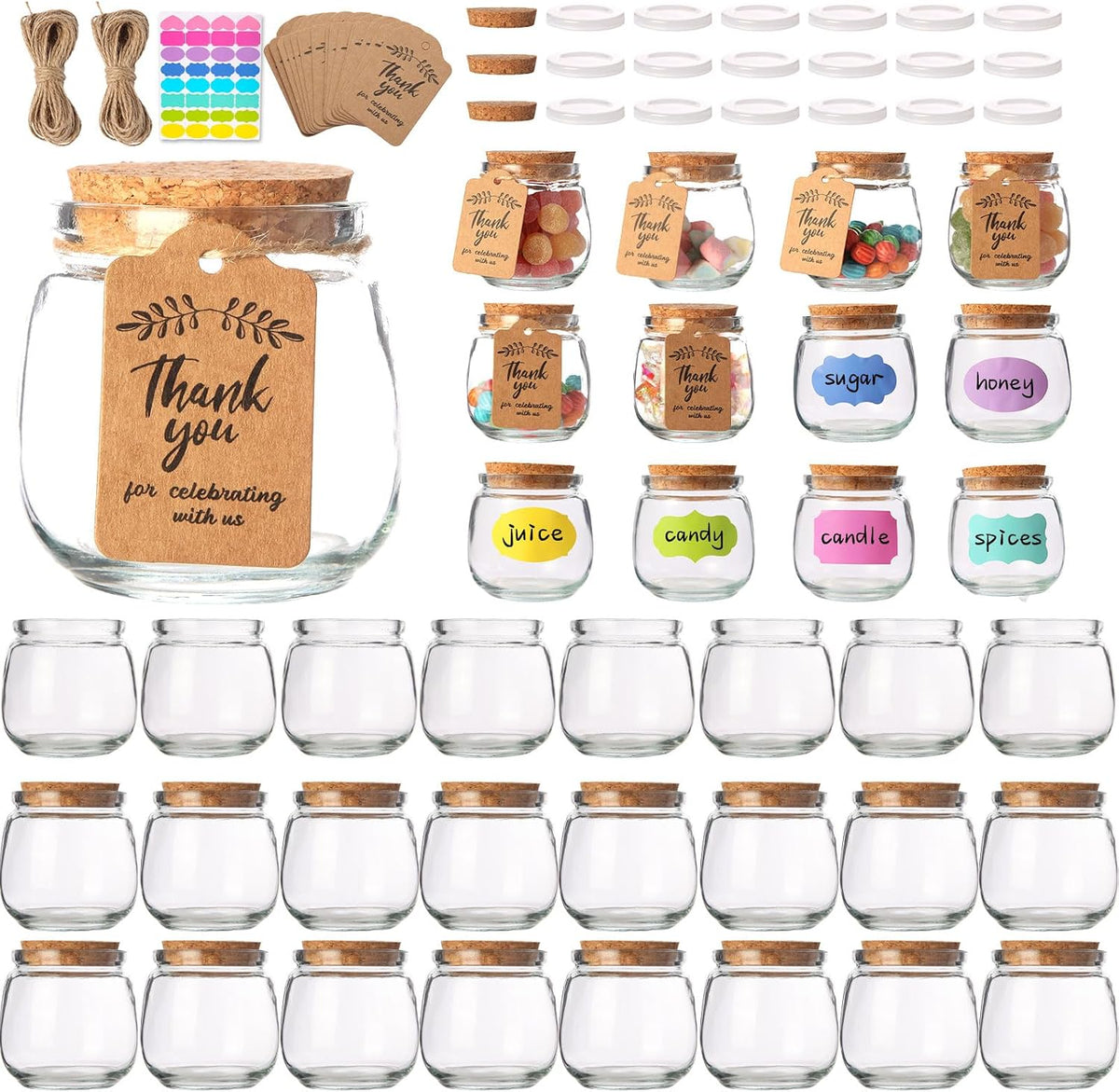7 oz Classic Jar, 20 Pack: empty favor jars with included decorating accessories; fillings not included