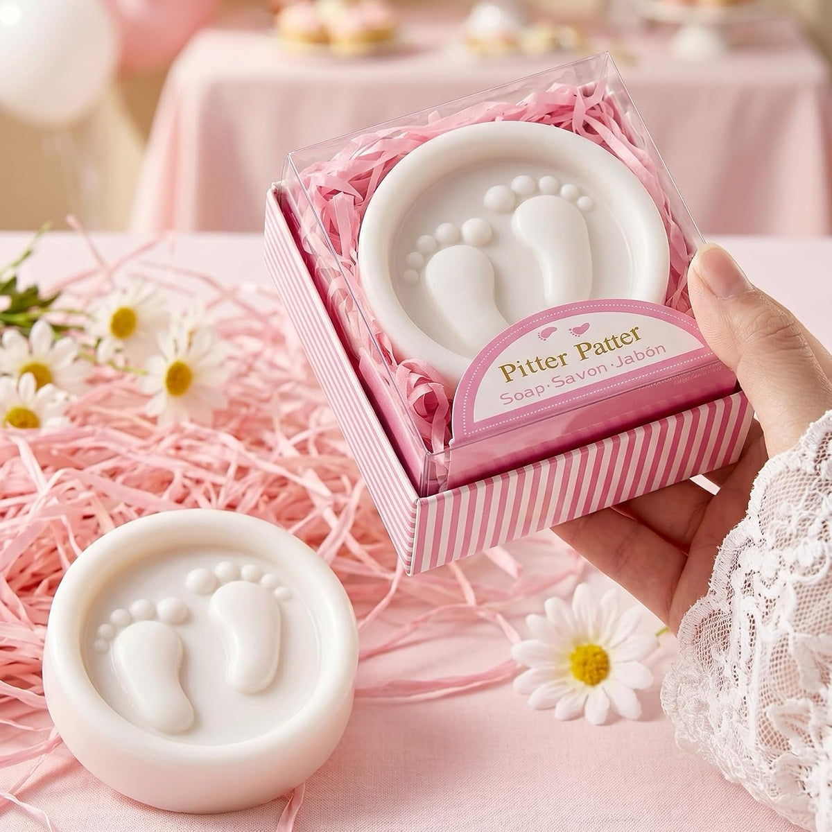 AIXIANG Pink Gift-Boxed Baby Footprint Soap Favors – 24 Pack – packaging and celebration ideas 2