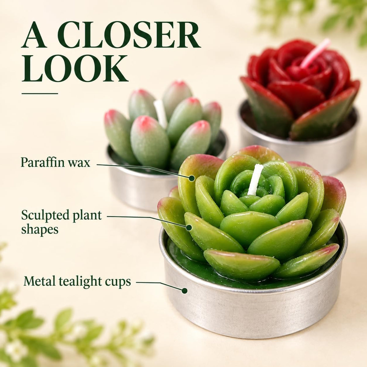 AIXIANG Cactus & Succulent Tealight Candles – 12 Pack