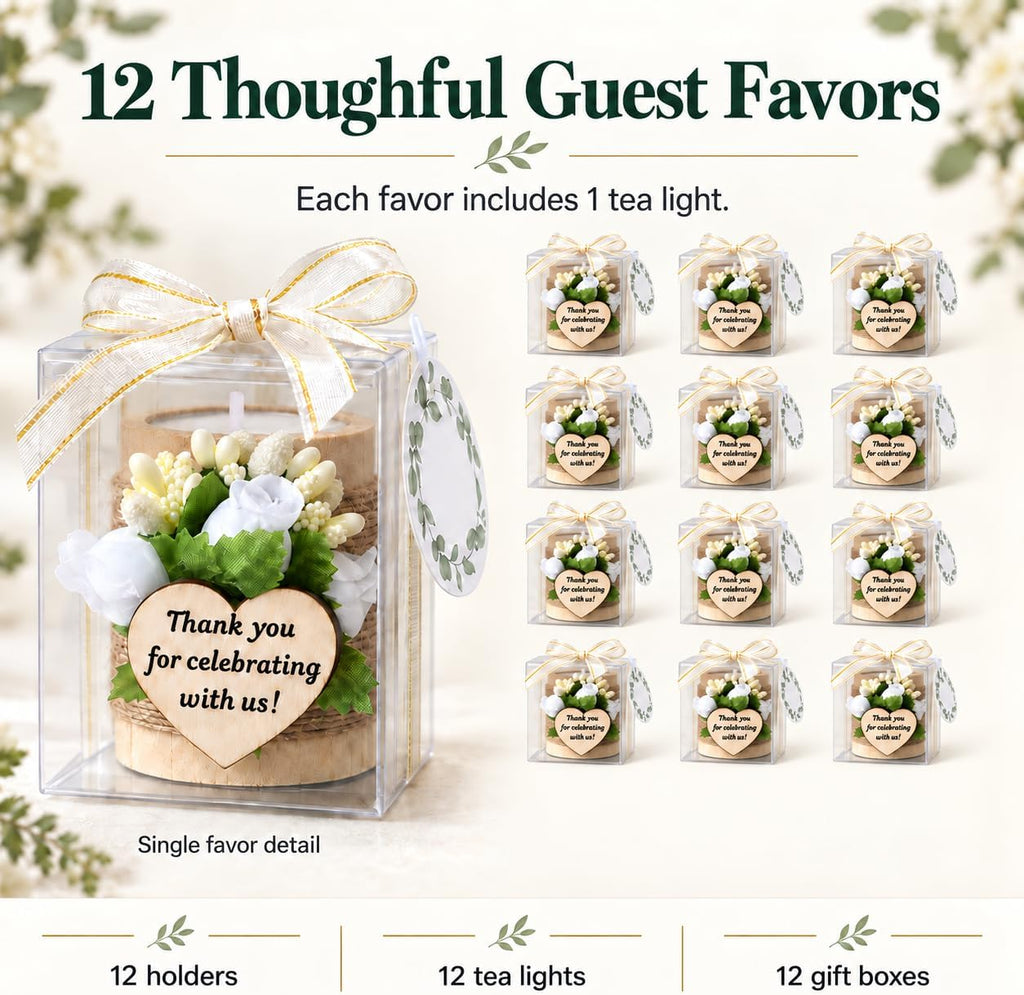 AIXIANG White Rose Wood Tealight Holder Favors – 12 Pack
